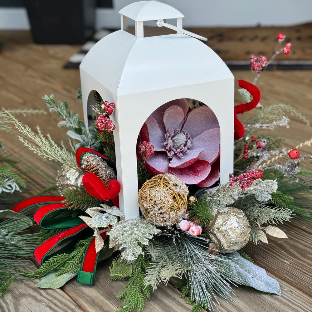 Small White Winter Lantern Floral Arrangement